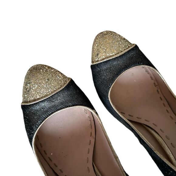 Miu Miu Black/Gold Calf Hair And Coarse Glitter Cap-Toe Block Heel Pumps Size 40 - Picture 5 of 14